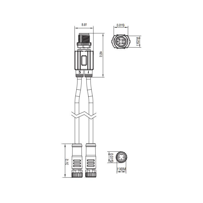 M12 4Pin male /2M8 3Pin female, Y-shaped precast PVC non-flexible cable, grey sheathing, 64D423-XXX